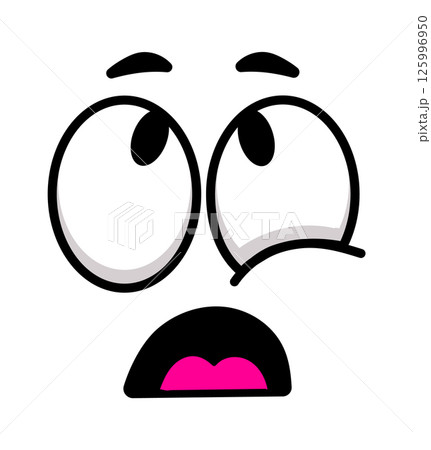 Cartoon face showing surprise and fear, with wide open eyes and mouth, creating a funny and expressive emoticon conveying shock and astonishment Cartoon face showing surprise and fear, with wide open eyes and mouth, creating a funny and expressive emoticon conveying shock and astonishment 125996950