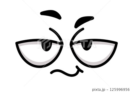Cartoon face expressing distrust and skepticism, raising eyebrows and slightly closing eyes, with a dubious expression, ideal for conveying suspicion or disbelief 125996956