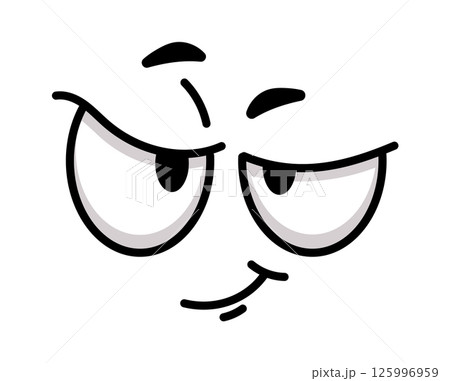 Cartoon sly face with narrowed eyes and a slight smirk expressing distrust, skepticism, and suspicion, perfect for conveying doubt or disbelief in communication and design 125996959