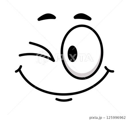 Winking cartoon face featuring a large eye and a broad smile, radiating happiness and joy against a clean white background, capturing a playful and cheerful emotion Winking cartoon face featuring a large eye and a broad smile, radiating happiness and joy against a clean white background, capturing a playful and cheerful emotion 125996962