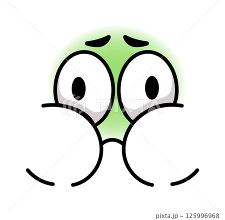 Cartoon representation of a green emoticon experiencing fear and anxiety, featuring wide open eyes and a worried expression, conveying a sense of panic or distress 125996968