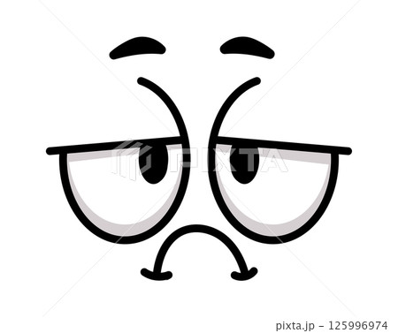 Cartoon face featuring large eyes and expressive eyebrows, conveying a feeling of disappointment with a downturned mouth, isolated against a clean white background Cartoon face featuring large eyes and expressive eyebrows, conveying a feeling of disappointment with a downturned mouth, isolated against a clean white background 125996974