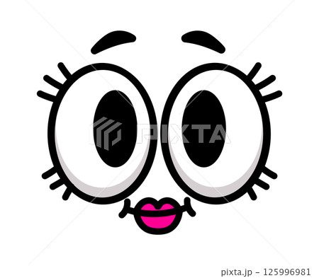 Cartoon face with wide open eyes, raised eyebrows, long eyelashes and small pink lips, expressing surprise or amazement, isolated on white background Cartoon face with wide open eyes, raised eyebrows, long eyelashes and small pink lips, expressing surprise or amazement, isolated on white background 125996981