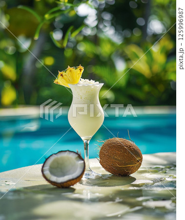 Pina Colada cocktail on the beach with coconut and exotic flower 125996987