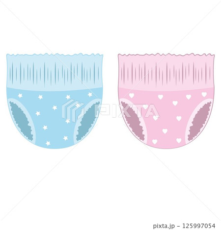 Cartoon-style baby absorbent diapers. Vector illustration for packaging diapers and other products for newborns Cartoon-style baby absorbent diapers. Vector illustration for packaging diapers and other products for newborns 125997054