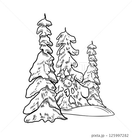 Snow covered pine trees and snowdrift hand drawn black white outline vector illustration. Monochrome winter nature ink drawing for minimalist seasonal landscape prints and rustic holiday design. 125997282