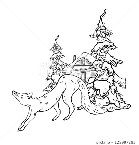 Fox near snowy fir trees and forest hut hand drawn black white outline vector illustration. Cozy woodland scene monochrome sketch for holiday stationery, rustic prints, and winter greeting cards. 125997283