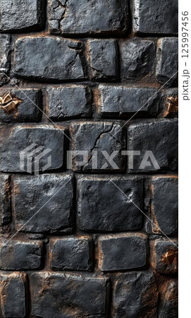 Dark Stone Wall with Golden Accents: A Texture of History and Mystery 125997456