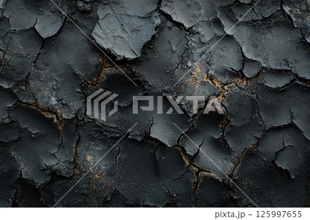 Dark Cracked Surface with Golden Veins: A Textured Abstract Background Dark Cracked Surface with Golden Veins: A Textured Abstract Background 125997655