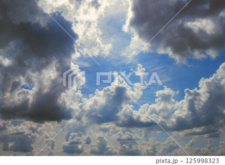 Beautiful bright sky with fluffy clouds. Natural clouds with blue sky background 125998323