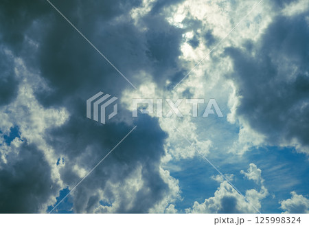 Beautiful bright sky with fluffy clouds. Natural clouds with blue sky background 125998324