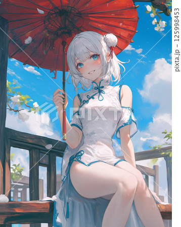 雨の日にチャイナドレスを着た女性 125998453