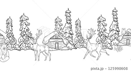 Christmas seamless border of snowy trees, woodland hut, forest animals hand drawn black white outline vector. Fir forest with rustic cabin, deer, fox, and owl sketch by ink for holiday cards, prints. Christmas seamless border of snowy trees, woodland hut, forest animals hand drawn black white outline vector. Fir forest with rustic cabin, deer, fox, and owl sketch by ink for holiday cards, prints. 125998608