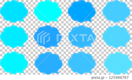 A set of blue cloud-shaped speech bubbles. There is a white dashed line inside the speech bubble. The tail of the speech bubble is at the bottom right. 125998767