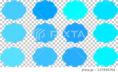 青系の雲の形の吹き出しセット。吹き出しの内側に白い破線がある。吹き出しの尻尾が左下にある。 青系の雲の形の吹き出しセット。吹き出しの内側に白い破線がある。吹き出しの尻尾が左下にある。 125998768