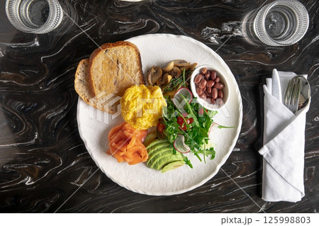 Set breakfast with scramble egg and salmon 125998803