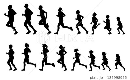 People running from child to adult, to senior, running people silhouette, runners and joggers People running from child to adult, to senior, running people silhouette, runners and joggers 125998936