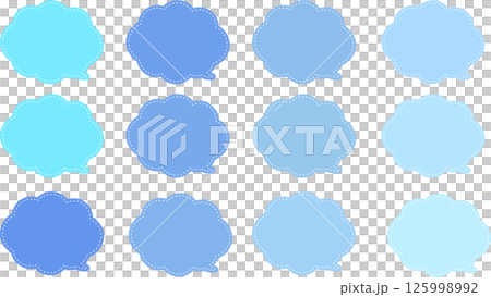 Various shades of blue. A set of cloud-shaped speech bubbles. There is a white dashed line inside the speech bubble. The tail of the speech bubble is at the bottom right. 125998992