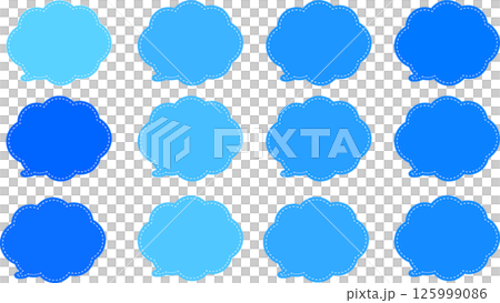 A set of cloud-shaped speech bubbles. Lots of blue colors. White dashed lines inside the speech bubbles. The tail of the speech bubble is on the bottom left. A set of cloud-shaped speech bubbles. Lots of blue colors. White dashed lines inside the speech bubbles. The tail of the speech bubble is on the bottom left. 125999086