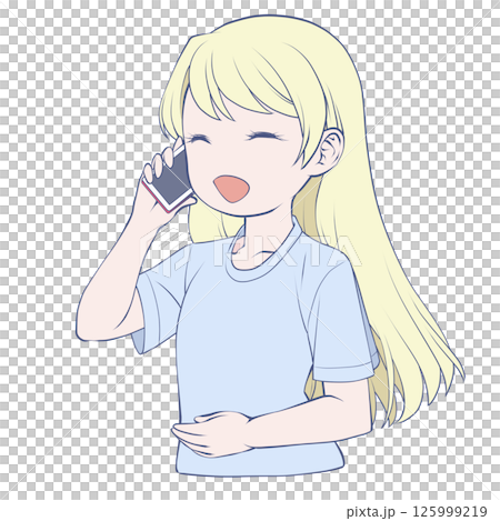Blonde young woman making a phone call on her smartphone, smiling 125999219
