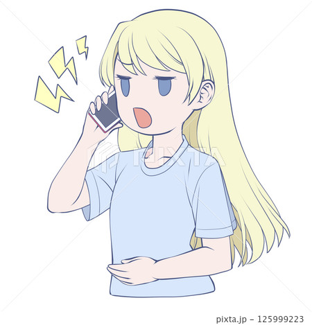 スマホで電話をかける金髪の若い女性・怒り スマホで電話をかける金髪の若い女性・怒り 125999223