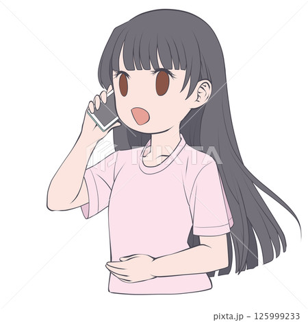スマホで電話をかける黒髪の若い女性・笑顔 125999233