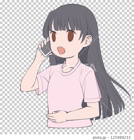 スマホで電話をかける黒髪の若い女性・笑顔 125999233