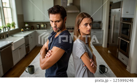 Toxic Couple Arguing in Kitchen, Silent Tension and Emotional Distance 125999246