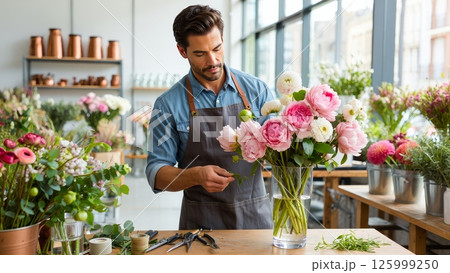 Male Florist Arranging Bouquet in Bright Floral Studio Male Florist Arranging Bouquet in Bright Floral Studio 125999250