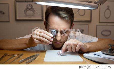 Jeweler Using Loupe to Inspect Diamond in Small Workshop Jeweler Using Loupe to Inspect Diamond in Small Workshop 125999279