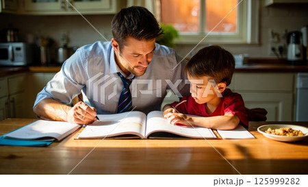 Dad Helping Son with Homework at Kitchen Table After Work 125999282