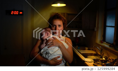 Exhausted Mother Holding Baby in Dimly Lit Kitchen at Midnight Exhausted Mother Holding Baby in Dimly Lit Kitchen at Midnight 125999284