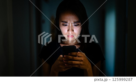 Angry Texting, Woman Reading Hurtful Message from Partner Angry Texting, Woman Reading Hurtful Message from Partner 125999287