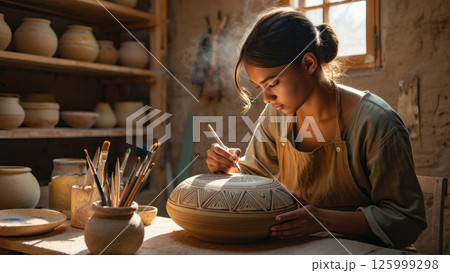 Craftsperson Hand Painting Pottery in Studio Workshop Craftsperson Hand Painting Pottery in Studio Workshop 125999298