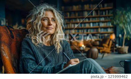 A professional psychologist sits in therapy with a patient, listening attentively and taking notes in a notebook 125999462