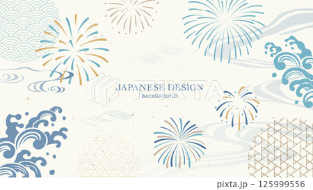 打ち上げ花火と和柄の和風背景素材 125999556