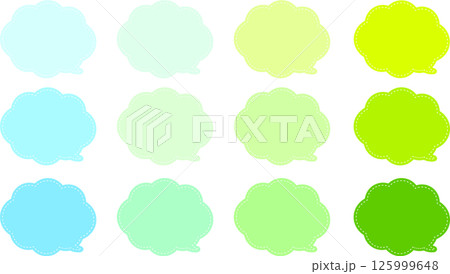 緑色と水のバリエーションがあるふきだし。雲の形。吹き出しの内側に白い破線がある。吹き出しの尻尾は右下 125999648