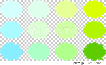 緑色と水のバリエーションがあるふきだし。雲の形。吹き出しの内側に白い破線がある。吹き出しの尻尾は右下 125999648