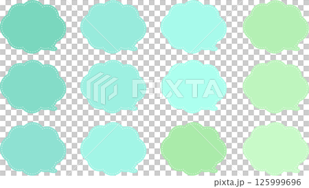 A speech bubble with green and light blue variations. Cloud shape. There is a white dashed line inside the speech bubble. The tail of the speech bubble is at the bottom right. 125999696