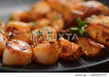 Seared scallops fith roasted potatoes on black plate closeup 126000074