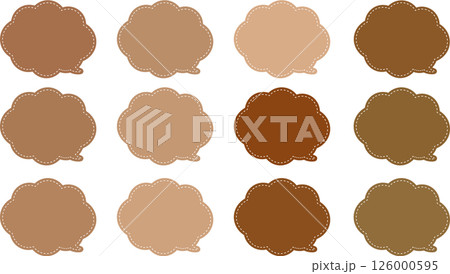雲の形の使いやすい吹き出しセット。カーキ色、茶色などの秋色。ふきだしの内側に白い破線がある。 126000595
