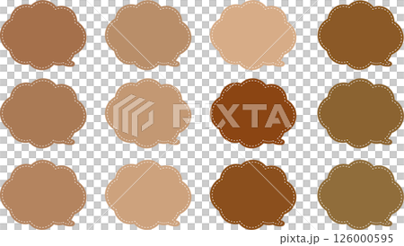 雲の形の使いやすい吹き出しセット。カーキ色、茶色などの秋色。ふきだしの内側に白い破線がある。 126000595