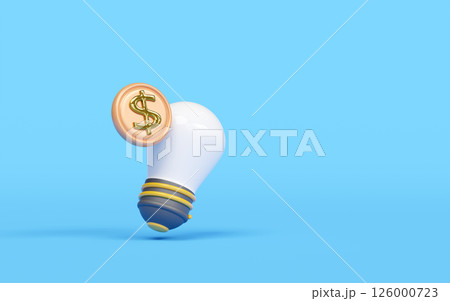3d cartoon light bulb with coins isolated on blue background. investment, learning idea, startup concept, 3d render illustration 126000723