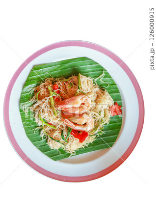 Top view of Stir Fried Spicy Rice Vermicelli and Water Mimosa with Shrimps, focus selective 126000915