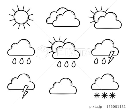 Set of weather icons. Doodle line style. Sun, clouds, rain, snow, thunderstorm. Isolated vector illustration. 126001181