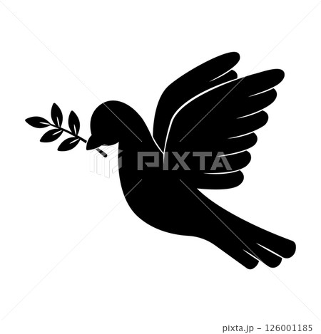 Flying dove of peace with olive branch. Black silhouette on white background. Peace concept. Isolated vector illustration. 126001185