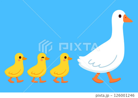 Cartoon goose mom walking with baby goslings 126001246