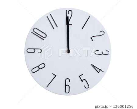 Minimalist Round Wall Clock Showing 00:00 or 12:00. Thin Black Numerals on White Wood Background. 126001256