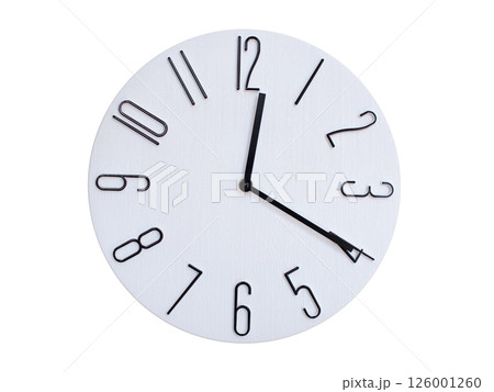 Minimalist Round Wall Clock Showing 00:20 or 12:20. Thin Black Numerals on White Wood Background. 126001260