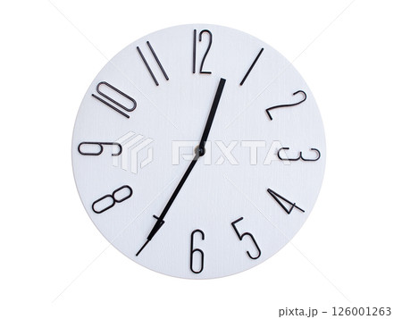 Minimalist Round Wall Clock Showing 00:35 or 12:35. Thin Black Numerals on White Wood Background. 126001263